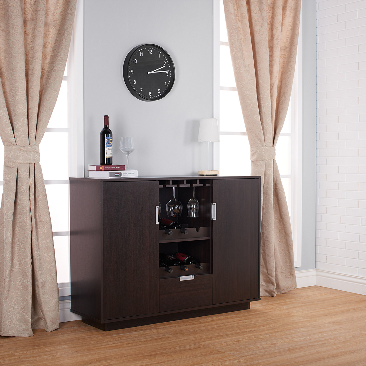 12 bottles placed in the slot, vertical rectangular wine cabinet, dark brown, living room, removable, built glass holder.